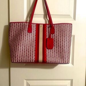 Tory Burch Red and White Geometric Tote